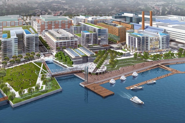Aerial view of the Yards park, restaurants, shopping area and marina