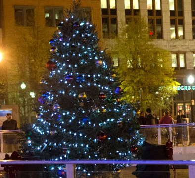 Christmas tree lit up on the Riverfront