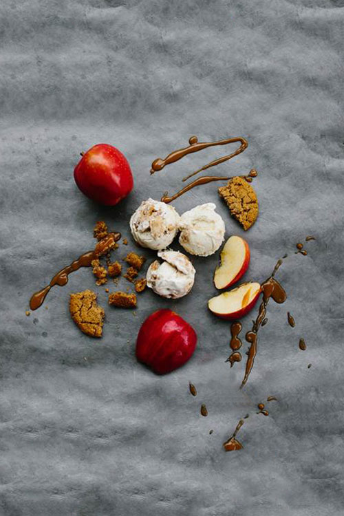 Apple, caramel, and gingerbread fall flavored ice cream scoops