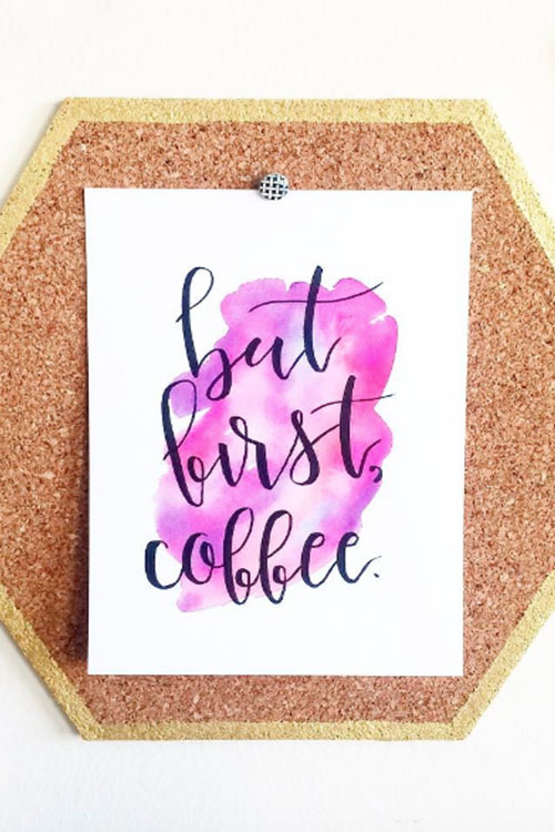Watercolor illustration reading But first, Coffee