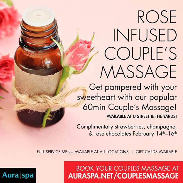 Flyer for rose infused couple's massage at Aura spa
