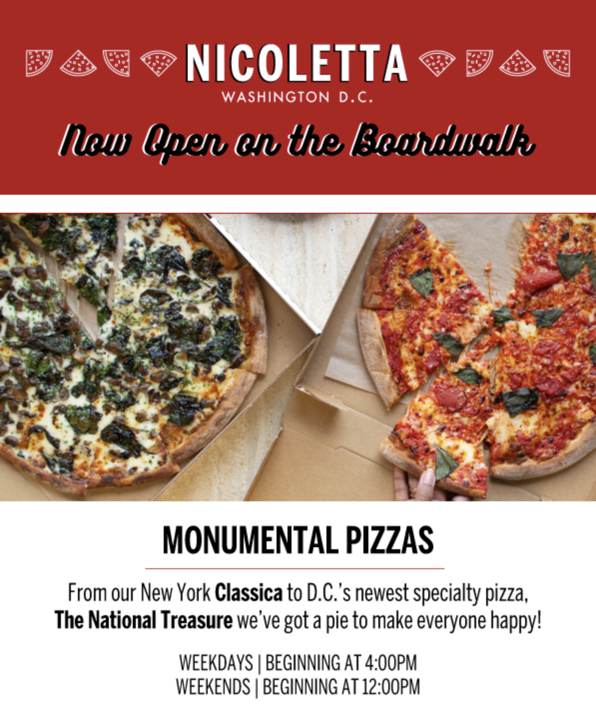 Nicoletta offers pizzas from the New York Classica to DC's newest specialty pizza, The National Treasure
